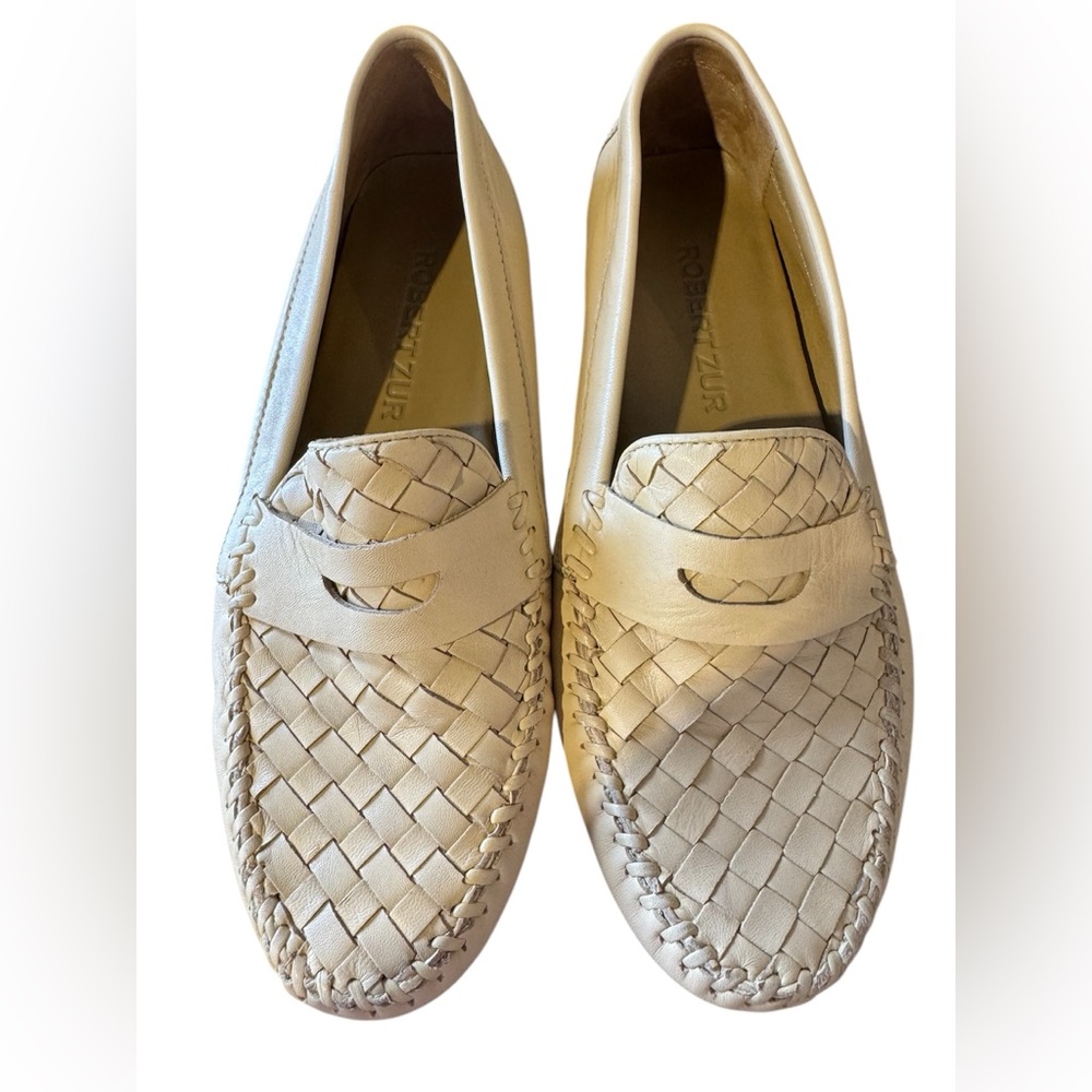 Beige Woven Leather Loafers